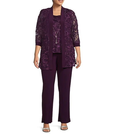 R & M Richards Plus Size Embroidered Soutache Mesh Lace 3/4 Sleeve Scoop Neck 2-Piece Pant Set