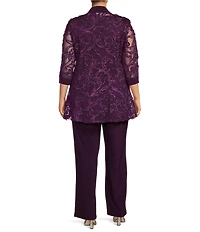 R & M Richards Plus Size Embroidered Soutache Mesh Lace 3/4 Sleeve Scoop Neck 2-Piece Pant Set