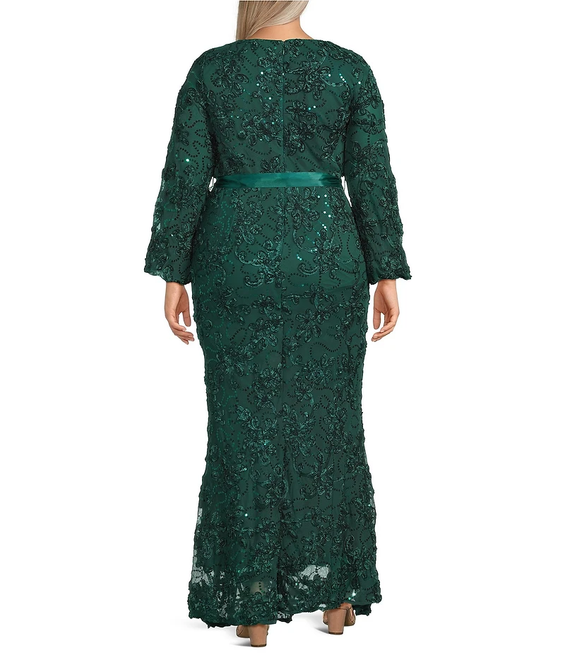 R & M Richards Plus Size Embroidered Soutache Sequin Power Mesh 3/4 Balloon Sleeves Gown