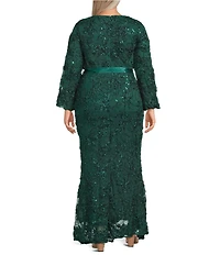 R & M Richards Plus Size Embroidered Soutache Sequin Power Mesh 3/4 Balloon Sleeves Gown