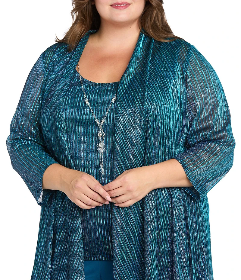 R & M Richards Plus Size Festival Hologram Sequin 3-Piece Duster Pant Set