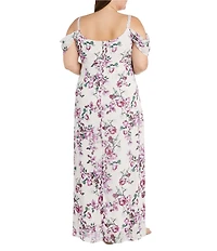 R & M Richards Plus Size Floral Cold Shoulder Cowl Neck Long Chiffon Dress