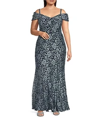 R & M Richards Plus Size Floral Lace Glitter Off The Shoulder Mermaid Gown