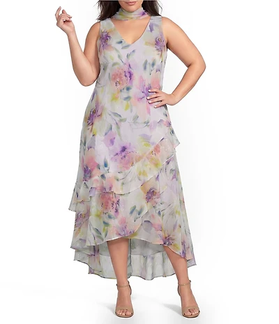 R & M Richards Plus Size Floral Print Asymmetric Skirt Chiffon Midi Dress