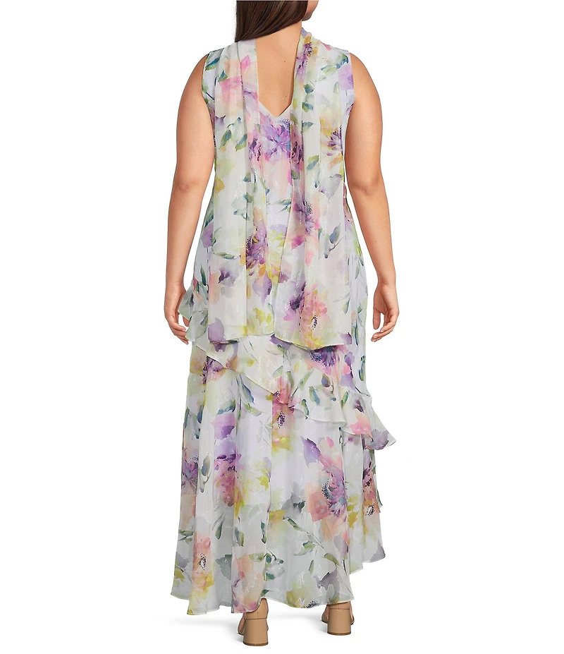 R & M Richards Plus Size Floral Print Asymmetric Skirt Chiffon Midi Dress