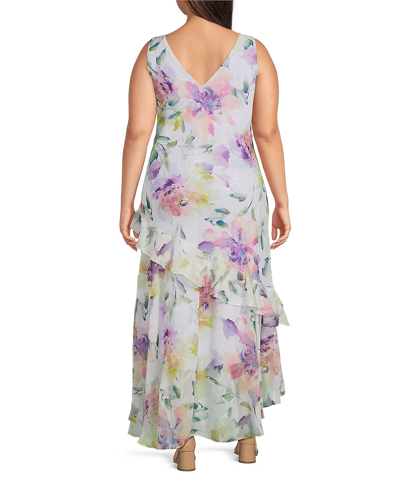 R & M Richards Plus Size Floral Print Asymmetric Skirt Chiffon Midi Dress