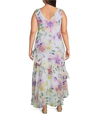 R & M Richards Plus Size Floral Print Asymmetric Skirt Chiffon Midi Dress