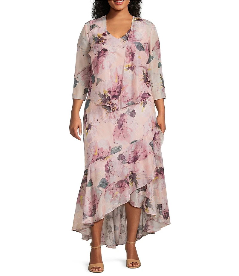 R & M Richards Plus Size Floral Print Chiffon Bolero 3/4 Sleeve Asymmetrical Ruffle Hem 2-Piece Jacket Dress