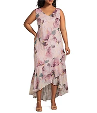 R & M Richards Plus Size Floral Print Chiffon Bolero 3/4 Sleeve Asymmetrical Ruffle Hem 2-Piece Jacket Dress