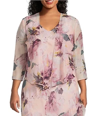 R & M Richards Plus Size Floral Print Chiffon Bolero 3/4 Sleeve Asymmetrical Ruffle Hem 2-Piece Jacket Dress