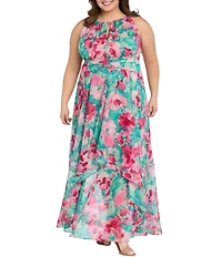 R & M Richards Plus Size Floral Print Chiffon Long Dress