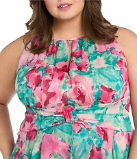 R & M Richards Plus Size Floral Print Chiffon Long Dress