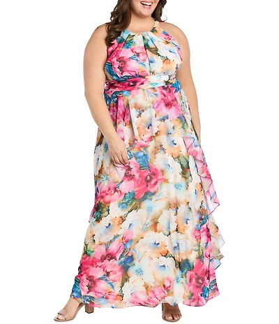 R & M Richards Plus Size Floral Print Halter Neck Inverted High Low Ruffle Skirt Chiffon Dress