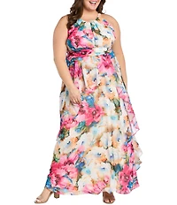R & M Richards Plus Size Floral Print Halter Neck Inverted High Low Ruffle Skirt Chiffon Dress