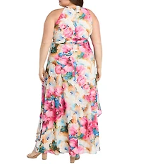 R & M Richards Plus Size Floral Print Halter Neck Inverted High Low Ruffle Skirt Chiffon Dress