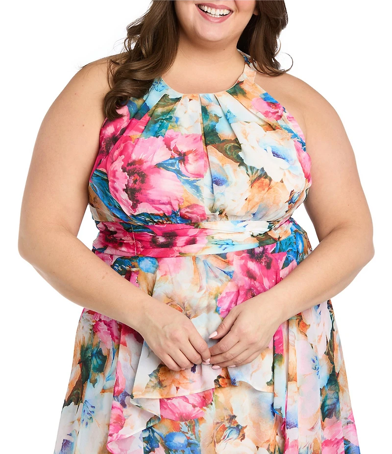 R & M Richards Plus Size Floral Print Halter Neck Inverted High Low Ruffle Skirt Chiffon Dress