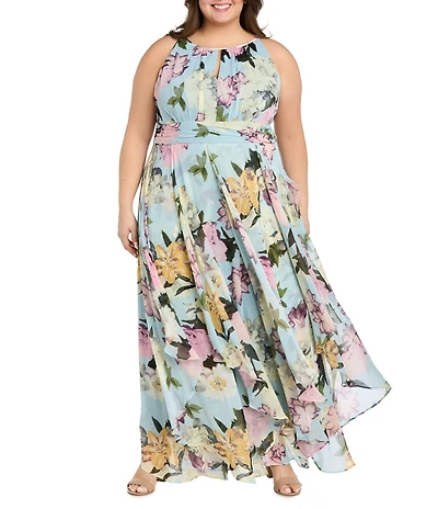 R & M Richards Plus Size Floral Print Keyhole Halter Neck Long Dress