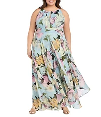 R & M Richards Plus Size Floral Print Keyhole Halter Neck Long Dress