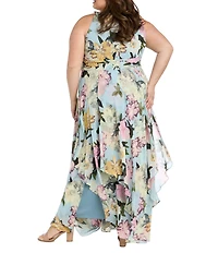 R & M Richards Plus Size Floral Print Keyhole Halter Neck Long Dress