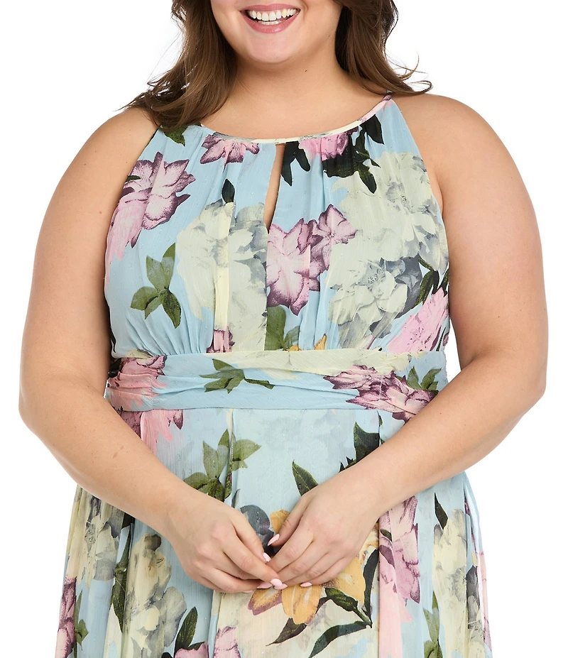 R & M Richards Plus Size Floral Print Keyhole Halter Neck Long Dress