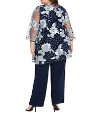 R & M Richards Plus Size Floral Sequin Ribbon Soutache Crew Neck 3/4 Sleeve 3-Piece Duster Set