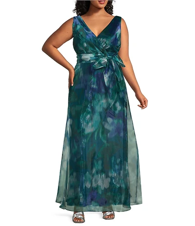 R & M Richards Plus Size Floral V-Neck Sleeveless Organza A-Line Gown