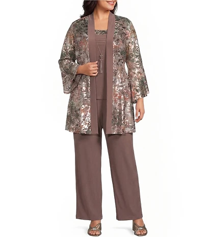 R & M Richards Plus Size Foil Mesh Bell Sleeve Detachable Necklace 2-piece Pant Set