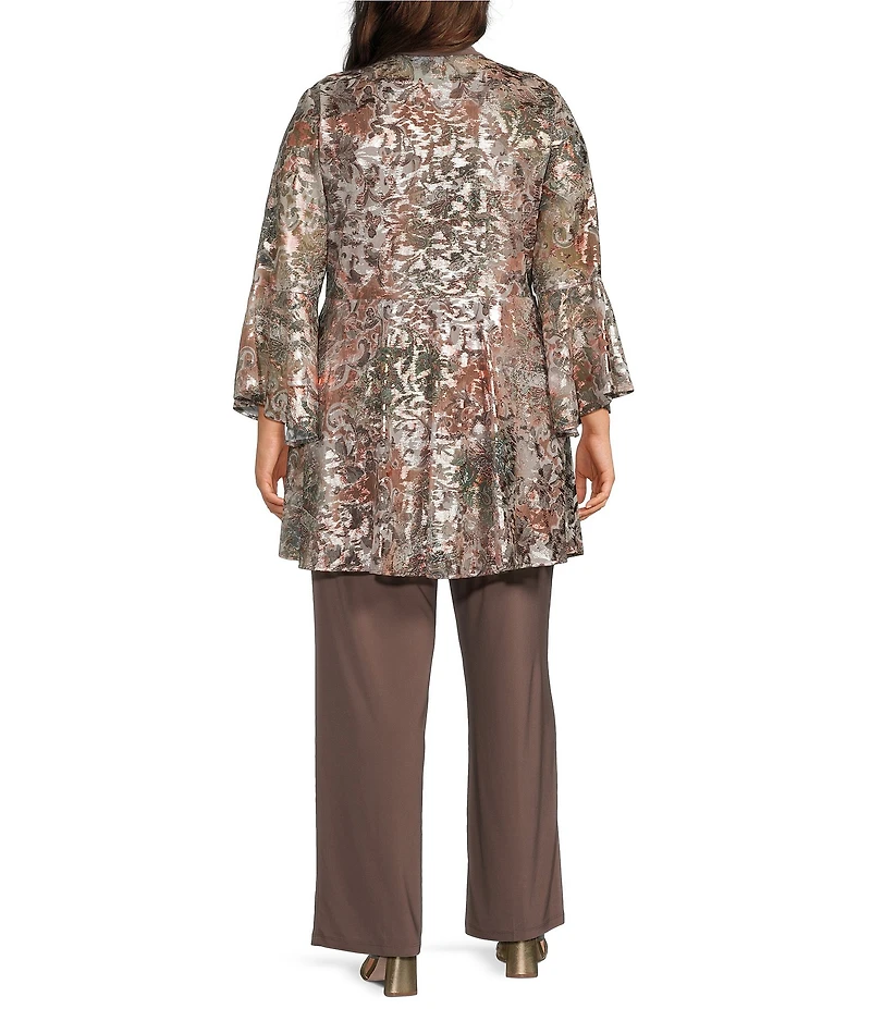 R & M Richards Plus Size Foil Mesh Bell Sleeve Detachable Necklace 2-piece Pant Set