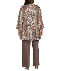 R & M Richards Plus Size Foil Mesh Bell Sleeve Detachable Necklace 2-piece Pant Set