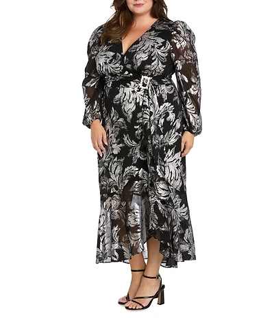 R & M Richards Plus Size Foil Print Chiffon V-Neck Long Balloon Sleeve Rhinestone Buckle Cascade Ruffle Faux Wrap Dress