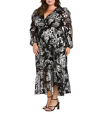 R & M Richards Plus Size Foil Print Chiffon V-Neck Long Balloon Sleeve Rhinestone Buckle Cascade Ruffle Faux Wrap Dress