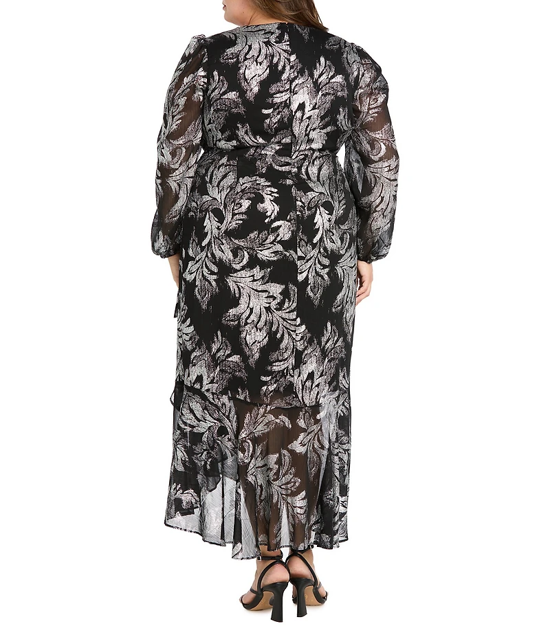 R & M Richards Plus Size Foil Print Chiffon V-Neck Long Balloon Sleeve Rhinestone Buckle Cascade Ruffle Faux Wrap Dress