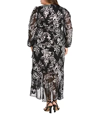 R & M Richards Plus Size Foil Print Chiffon V-Neck Long Balloon Sleeve Rhinestone Buckle Cascade Ruffle Faux Wrap Dress