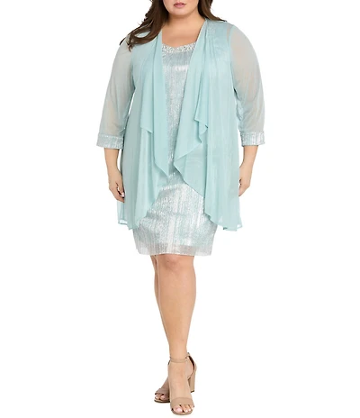 R & M Richards Plus Size Gisella Foil Print Beaded Scoop Neck 3/4 Sleeve 2-Piece Jacket Dress