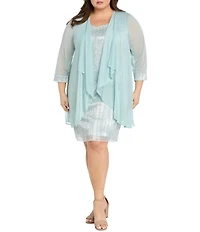 R & M Richards Plus Size Gisella Foil Print Beaded Scoop Neck 3/4 Sleeve 2-Piece Jacket Dress