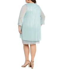 R & M Richards Plus Size Gisella Foil Print Beaded Scoop Neck 3/4 Sleeve 2-Piece Jacket Dress