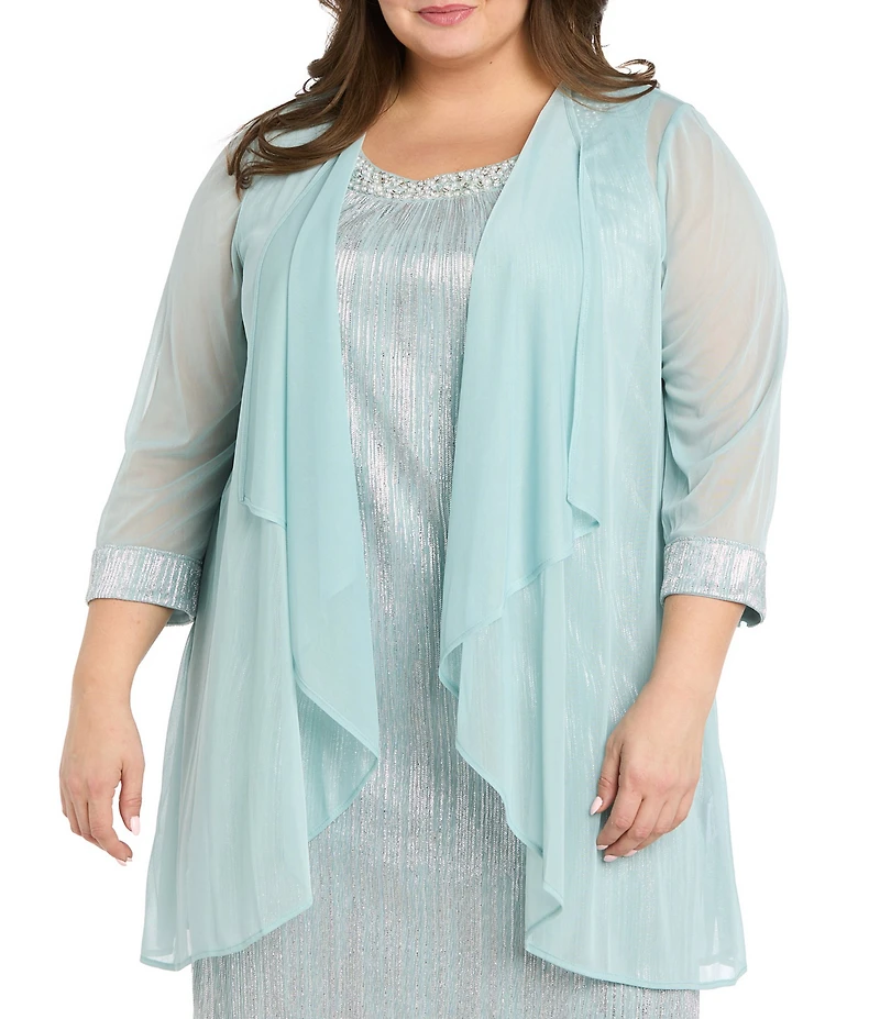R & M Richards Plus Size Gisella Foil Print Beaded Scoop Neck 3/4 Sleeve 2-Piece Jacket Dress