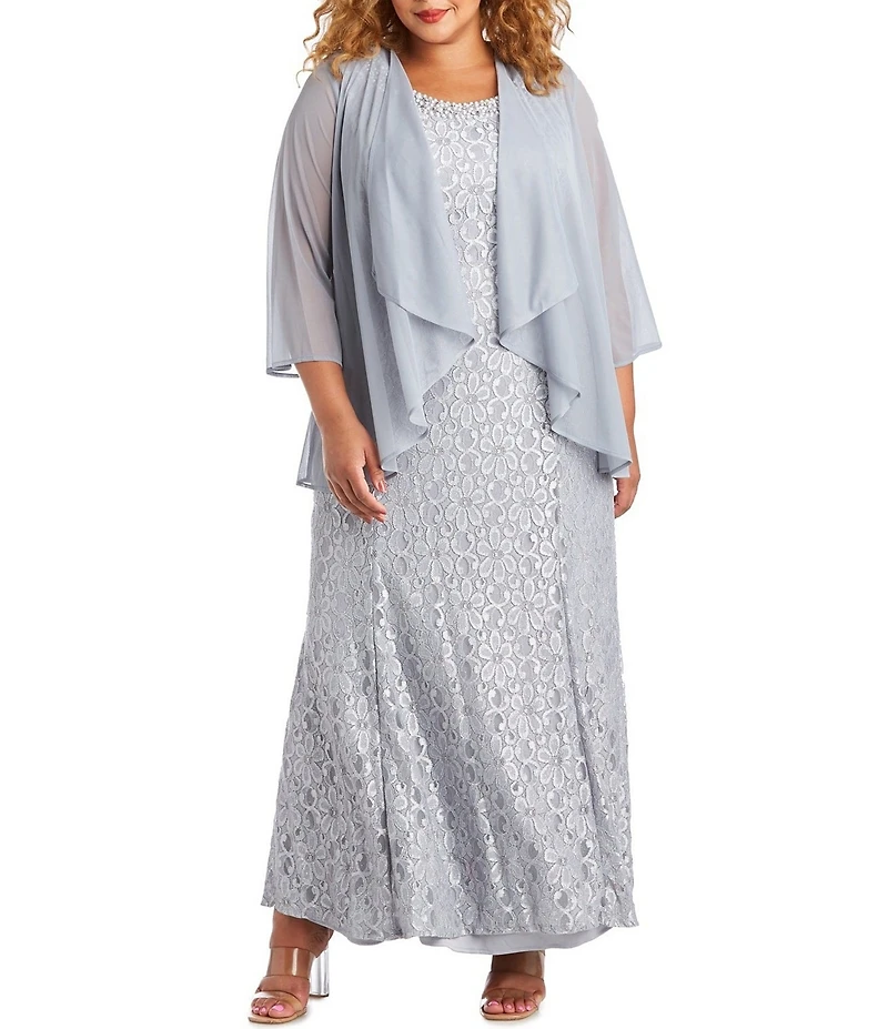 R & M Richards Plus Size Glitter Chiffon Lace Beaded Neck 2-Piece Jacket Gown