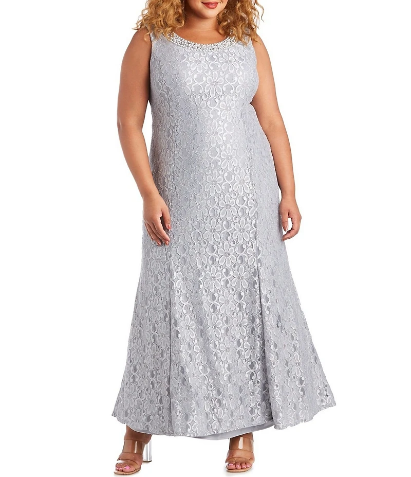 R & M Richards Plus Size Glitter Chiffon Lace Beaded Neck 2-Piece Jacket Gown