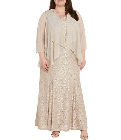 R & M Richards Plus Size Glitter Chiffon Lace Beaded Neck 2-Piece Jacket Gown