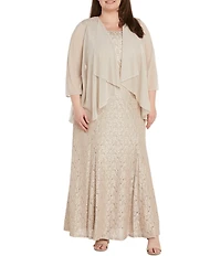 R & M Richards Plus Size Glitter Chiffon Lace Beaded Neck 2-Piece Jacket Gown