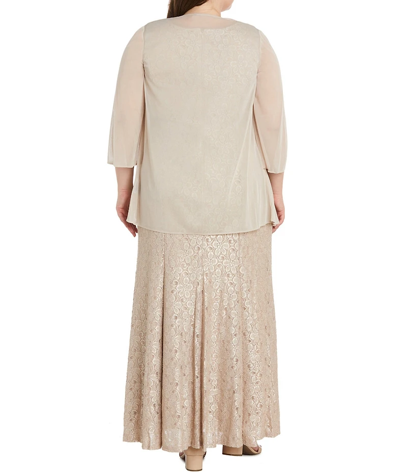 R & M Richards Plus Size Glitter Chiffon Lace Beaded Neck 2-Piece Jacket Gown