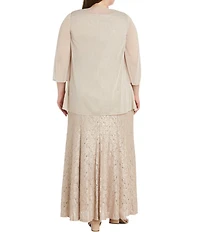 R & M Richards Plus Size Glitter Chiffon Lace Beaded Neck 2-Piece Jacket Gown
