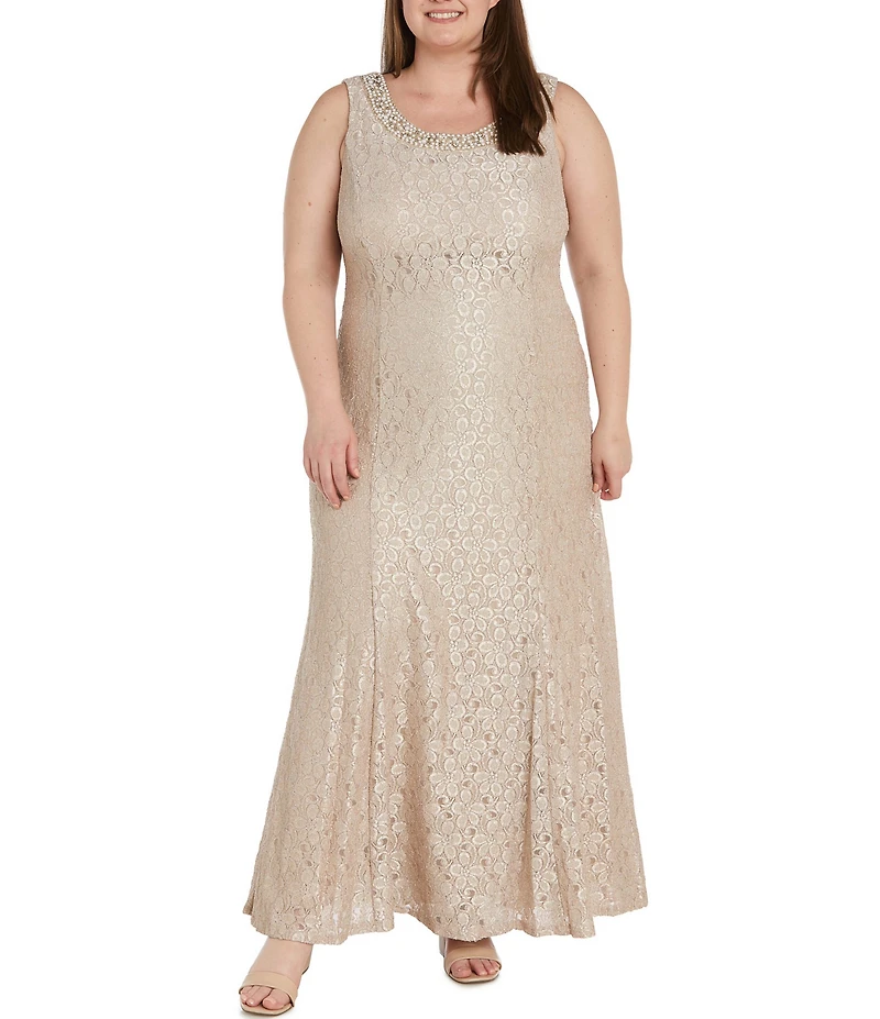 R & M Richards Plus Size Glitter Chiffon Lace Beaded Neck 2-Piece Jacket Gown