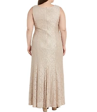 R & M Richards Plus Size Glitter Chiffon Lace Beaded Neck 2-Piece Jacket Gown