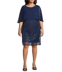 R & M Richards Plus Size Glitter Detail Crew Neck Sleeveless Chiffon Caplet Tulle Dress