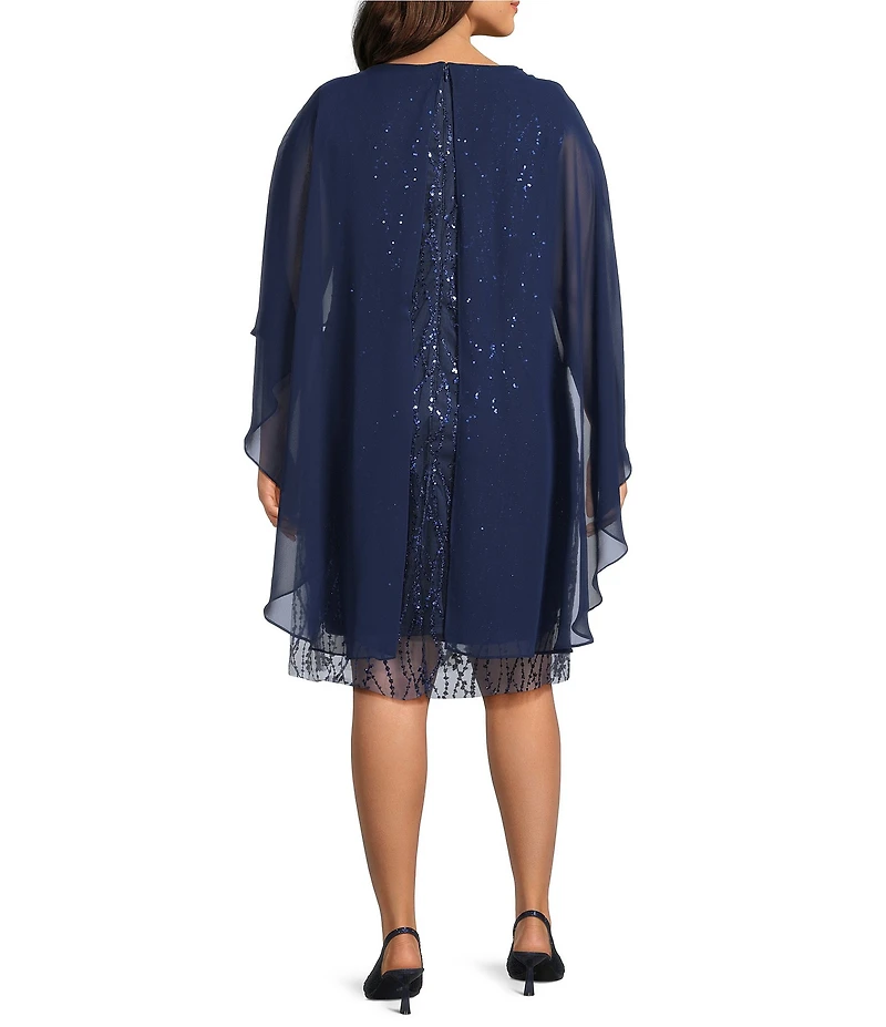 R & M Richards Plus Size Glitter Detail Crew Neck Sleeveless Chiffon Caplet Tulle Dress