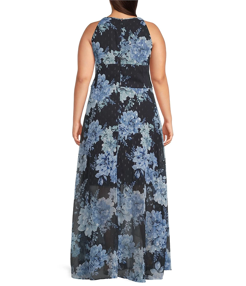 R & M Richards Plus Size Halter Keyhole Floral Chiffon A-Line Maxi Dress