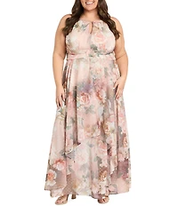 R & M Richards Plus Size Halter Neck Floral Print Chiffon Long Dress