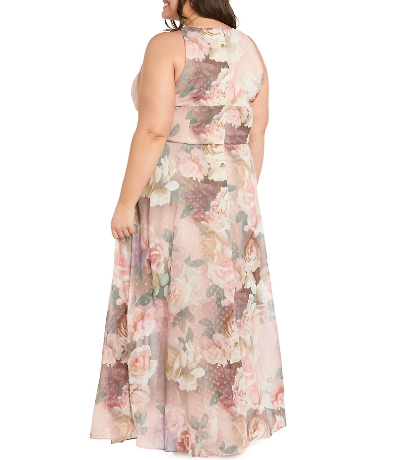 R & M Richards Plus Size Halter Neck Floral Print Chiffon Long Dress